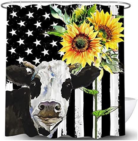 Merchr Country Cow Print Curtain, bandeira preta e branca Americana Bandeira rústica Curtins de chuveiro de tecido de girassol conjunto para banheiro, acessórios engraçados de decoração de banheiro ocidental com ganchos 72x 72 polegadas