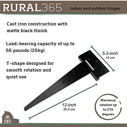 Rural365 Triângulo Porta de dobradiça 2pk - Pesquisa de estojo T de 12 polegadas Torda de esteira T de esteira T dobradiças foscas de porta de celeiro preto fosco