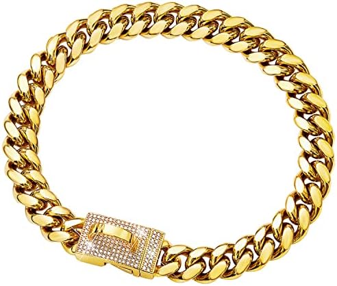 Gold Chain Chain Collar Metal Chain Collar com fivela de zircônia cúbica, fivela segura, Cadeia de Cadeia Cuba de 18k Chave de
