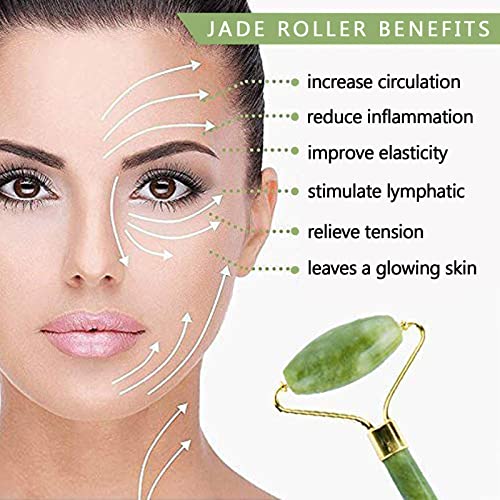 Jade Roller e Gua Sha, Roller Face, Jade Roller para Face & Gua Sha Conjunto de Beleza Rolo de Massagem Facial Anti Winkles - Stone Jade Natural