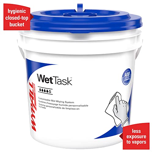 Wypall Power Clean Wipers para solventes, sistema de limpeza molhado personalizável WetTask, 95 folhas/roll, 6 rolos/estojo, 570 folhas/estojo com balde incluído
