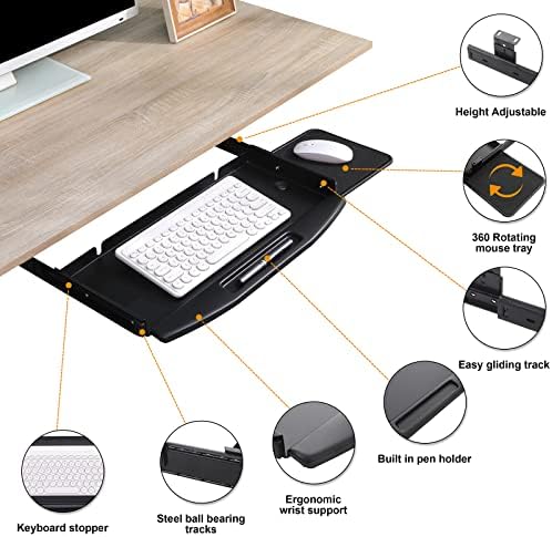 Bandeja de teclado de mesa YWBTFLUL com plataforma de mouse rotativa 360, deslizamento robusto e fácil, plataforma