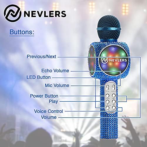 Nevlers Blue Bling Karaokê Microfone para crianças - Microfone Bluetooth sem fio com alto -falante, trocador de voz e luzes LED coloridas, microfone portátil para crianças - fácil de usar karaokê de microfone sem fio