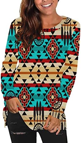 Narhbrg Tops for Women Western Aztec Print T-shirts 2022 outono de inverno Tops casuais de manga comprida