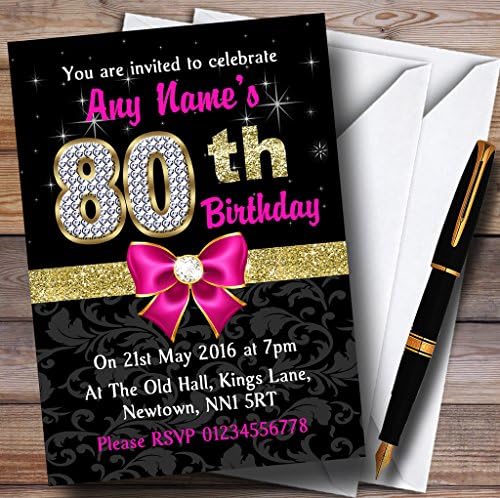 Diamante de ouro preto rosa convites personalizados de festa de aniversário de 80º