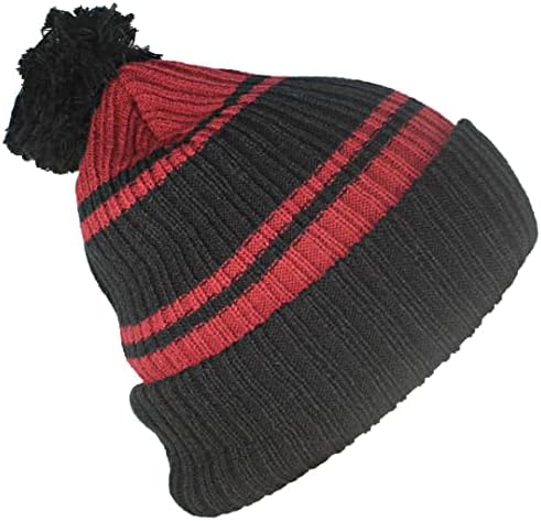 Melhores chapéus de inverno, gorro listrado de qualidade com manguito sólido e pom combinando