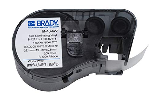 Brady - 131584 Fita de etiqueta de vinil auto -laminante - preto em fita branca, translúcida - compatível com fabricantes de etiquetas BMP41, BMP51 e BMP53 - 1 altura.375 Largura