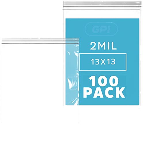 Pacote GPI - 13 x 13 de 100, sacos de zíper reclosáveis ​​de plástico transparente, grandes saquinhos de poli de espessura e duráveis