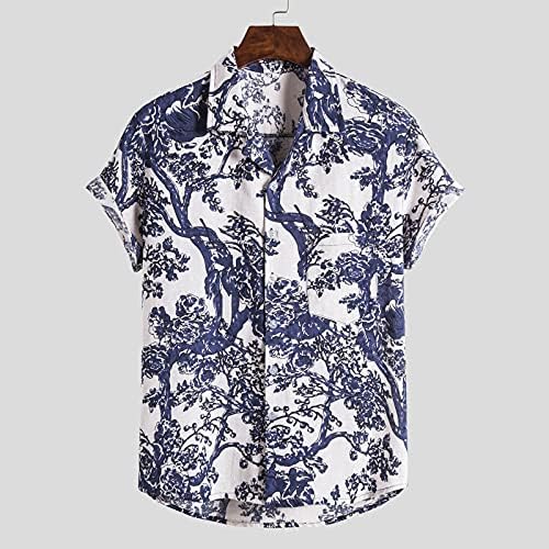 Camisas de linho de algodão masculinas de manga curta de verão de ajuste relaxado para baixo camisa havaiana vintage Boho Casual