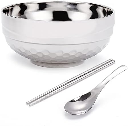 FPXRNG Ramen Noodle Soup Bowl Set Set Silver Dupla camada de aço inoxidável com pauzinhos e colheres, 1300 ml APP