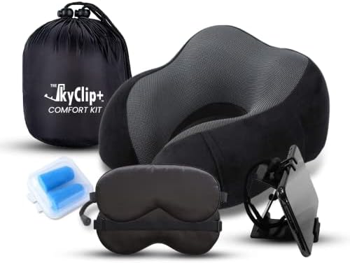 O conjunto de travesseiros de pescoço Skyclip+ Travel - kit de viagem de avião com travesseiro de pescoço de espuma de memória, máscara para os olhos, tampões para os ouvidos, clipe de telefone e suporte de comprimido - travesseiro de avião macio e respirável para dormir