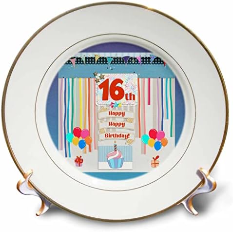 Imagem 3drose da etiqueta de 16º aniversário, cupcake, vela, balões, presente, serpentinas - placas