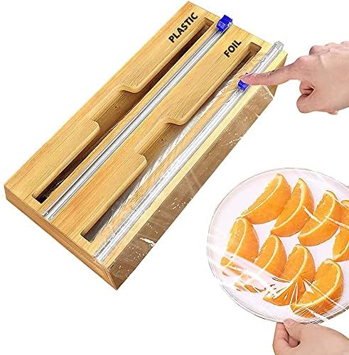 Baihogi Foil e Organizador de plástico com cortador de slides, 2 polegadas de bambu da gaveta de cozinha Organizador para filme e papel de cera, encaixa o rolo de 12
