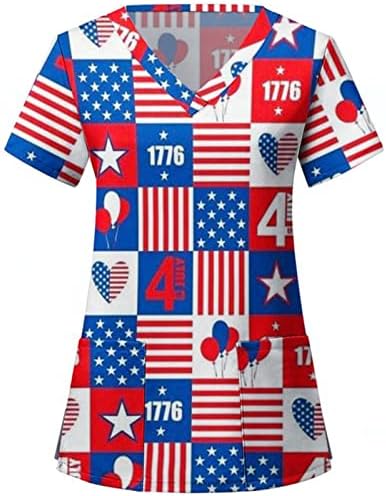 Blusa de 4 de julho para mulheres de verão Manga curta V Tees de pescoço com 2 bolsos Top de blusa casual da bandeira de bandeira dos EUA