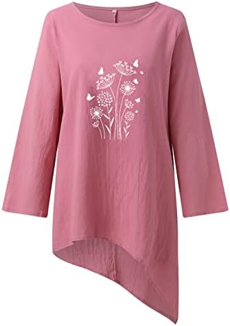 Camiseta de manga Mulheres Moda simples Moda de cor sólida Borbolefly Flor Roul Redond Neck de três quartos de manga algodão