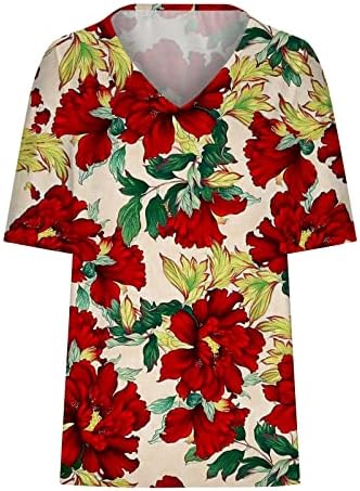 Camiseta solta para mulheres plus size floral estampa vil de pescoço de cola curta túnica túnica de verão camisas casuais