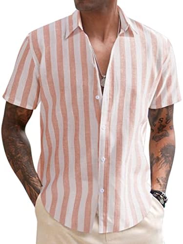 Coofandy Men's Linen Casual Camisetas de manga curta Button Down Summer Beach camisa