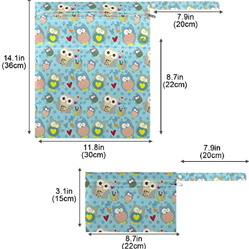 VISESUNNY LOVA OWL DOT 2PCS Saco molhado com bolsos com zíper lavandable reutilizável para viajar, praia, piscina, creche, carrinho,