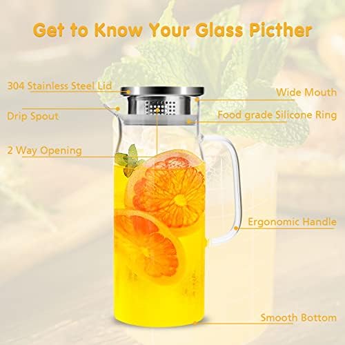 Jarro de vidro, jarra de vidro de 35 onças / 1 litro com tampa, jarra de água de vidro, garra de vidro com tampa