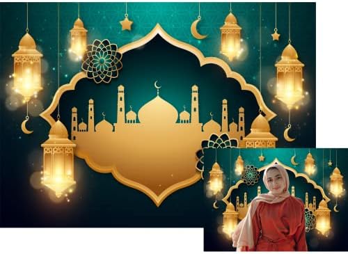 Loccor 7x5ft Tecido Green Ramadã Banner Banner Golden Lanternas Mesquita Antecedência Eid Mubarak Decoração Islâmica Partido Muçulmano