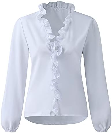 Tops elegantes do Womens Ruffle v lanterna de pescoço camisetas de mangas compridas camisetas