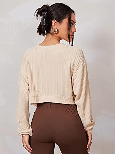 Shein feminino de manga longa feminina no pescoço redondo camisolas malhas malha de colheita sólida