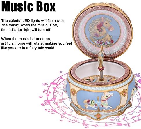 Huangxing - Caixa de música LED rotativa, resina esculpida requintada caixa de música de carrossel vintage com luz colorida
