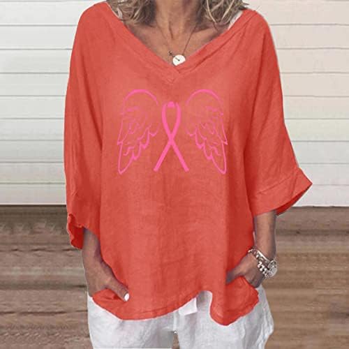 Camisas de linho de pescoço de pescoço vesas do pescoço feminino Tops Tshirt 3/4 de manga asas gráficas de câncer de mama solto de mama Camisas 2023 hw