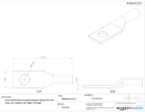 Terminal de compressão não isolado de Burndy YA6CA3 Hylug, design de um orifício, 6 str. Condutor, 0,65 largura, 2,28 comprimento