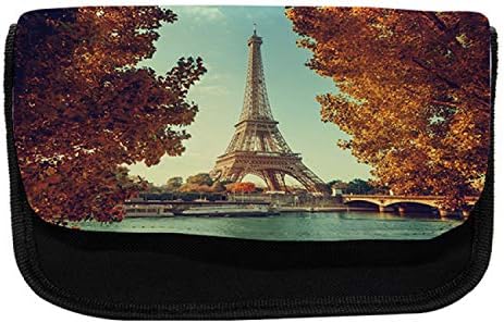 Caixa de lápis lunarable Eiffel Tower, cenário de ponte de outono, bolsa de lápis de caneta com zíper duplo, 8,5 x 5,5, Amber