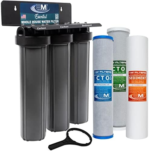 Sistema de filtro de água inteira essencial da AMI - filtros de alta capacidade de 3 estágios para remover sedimentos, ferrugem, cloro, cloramina, sujeira e produtos químicos. Três cartuchos de filtro de 4,5 x 20.