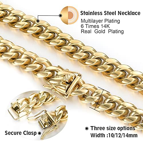 Zsllzm Mens Miami Cadeia de ligação cubana 14k colar de ouro de ouro jóias de aço inoxidável sólido 10 mm/12mm/14mm, 18-30 polegadas