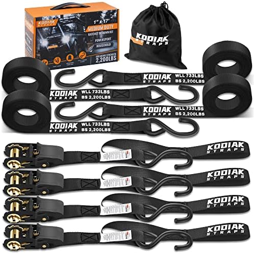 Kodiak tiras de catraca amarra pesada amarração de tira de 2200 resistência à quebra-1 x 17 '4pk com laço de carga de loops macios Amarilos de campanha-garoto S de profundo e bolsa de transporte para proteger preto de carga…