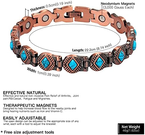 A pulseira de cobre pura de turquesa de anel norte para mulheres cura terapia magnética, alivia a pulseira do túnel carpo do túnel