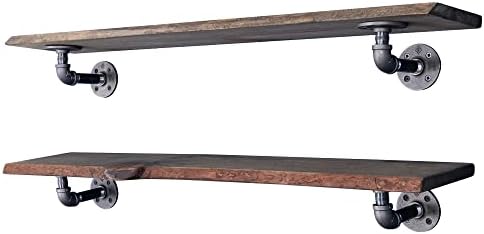 Decoração de tubo 36 ”Boulder Black Live Edge Wood Shelf com suportes de tubo em forma de L industrial