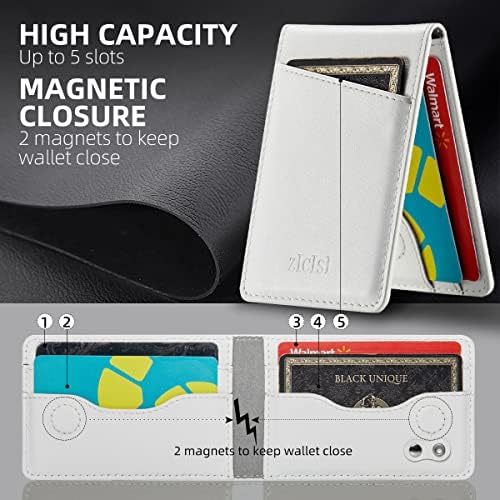 Carteira magnética destacável de couro genuíno zicisi compatível com carteiras Magsafe Stand com slots de 5 cartas e bloqueio de RFID e anel de metal, para iPhone 14/13/12 Pro Max, Samsung e Android Telefone, branca