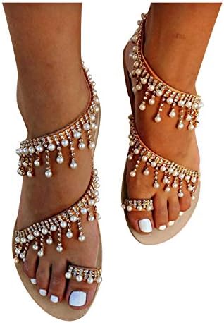 Envez Sandálias cruzadas para mulheres Cute Pearl Pearl Fidting Sandália plana verão Sapatos casuais de praia Sandálias