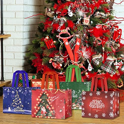 Cieovo 12 peças de Natal grandes sacolas de presente com alças árvores de natal Santa Snowflake Print Sacos não tecidos Sacos de festa para o ano novo ano de ano novo Festas de festa de aniversário