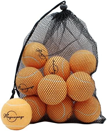 Bolas de tênis Magicorange, 12 bolas de tênis de treinamento avançado de pacote, bolas de bola, cães de estimação, vêm com malha para facilitar o transporte, bom para a bola de treinamento para iniciantes