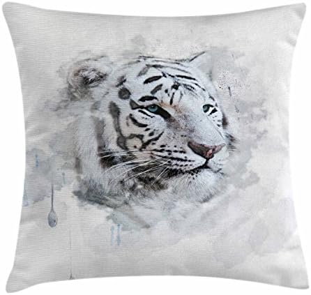 Campa de almofada de almofada de arremesso de animal de Ambesonne, retrato de um tigre branco da natureza selvagem predador aquarela Splashes, travesseiro de sotaque de retângulo decorativo, 36 x 16, preto cinza branco