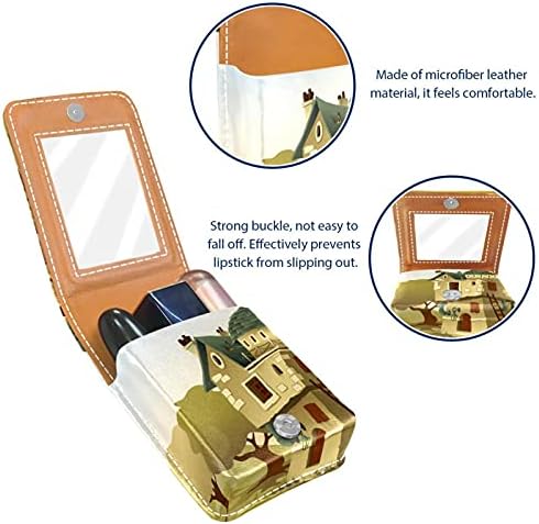 Caixa de batom mini mini com espelho para bolsa, saco de maquiagem cosmética de couro estranho, segura 3 tubos de tamanho regular