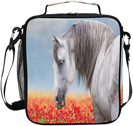 Lancheira infantil 0016 Cavalo branco no prado com flores de papoula Bolsa de lancheira reutilizável e reutilizável