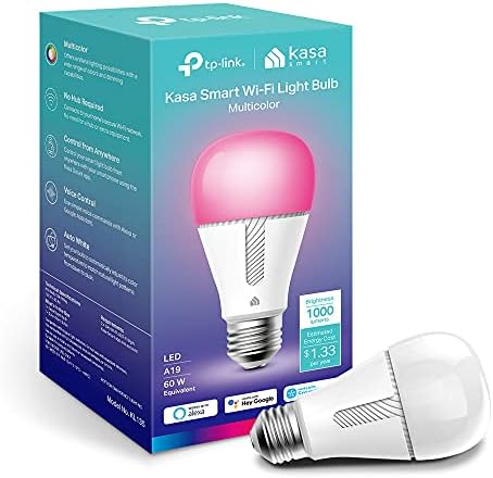 Kasa Smart Bulb, lâmpada de lâmpada de mudança de cor diminuída trabalha com Alexa e o Google Home, 1000 lumens 60W equivalente,