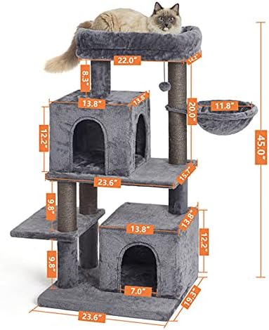 Torre de gato de vários níveis de 45 polegadas, árvore de gatos, árvore de gatos Big, com redes de rede e postes de arranhões cobertos de sisal, 2 condomínios de luxo, para gatinho, animal de estimação, atividade interna relaxando