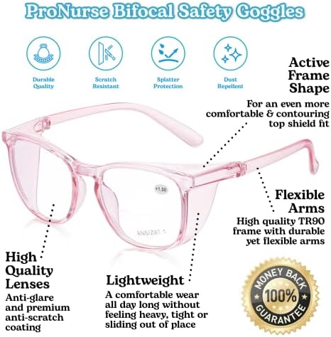 Pronurse Bifocal Safety Glasses, óculos de prescrição com leitores, substitui escudos laterais para mulheres, homens