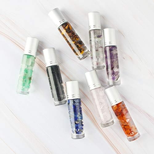 Tomorotec 10ml Garrafas de rolos de óleo essenciais com bolas de pedra de pedras preciosas coloridas, garrafa de rolo de espessura