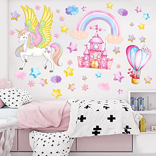 Decalques de parede de unicórnio para meninas quarto, adesivos de parede unicórnio com arco -íris, decoração de quarto unicórnio