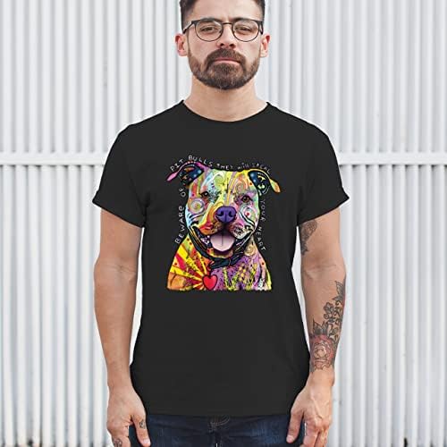 Cuidado com a camiseta de pit bull dean russo arte colorida cão fofo camiseta masculina