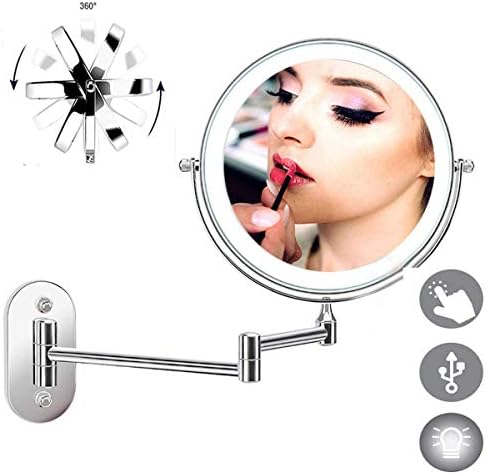Espelho de maquiagem montado na parede Gruni, rotação recarregável USB 360, com luzes LEDs Round Make Mirror, com interruptor
