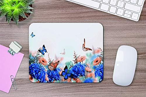 Yeuss Bokeh Butterflies Mouse Pad, fundo incrível com hortênsias e margaridas Flores amarelas e azuis em um cartão floral